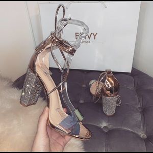 Envy Shoes Elsa Diamanté Gold Block Heels ✨